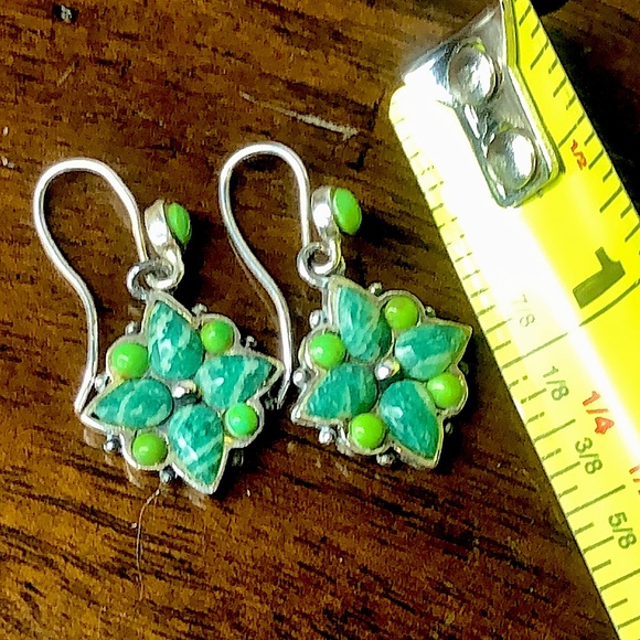 VINTAGE BARSE Green Turquoise Malachite Sterling Silver Floral Drop Earrings - Picture 7 of 9